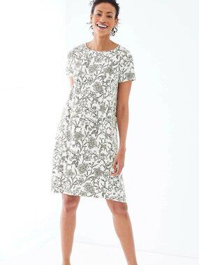 J Jill M Wearever Swing Dress Cream Black Nouveau Floral Short Sleeve A-Line